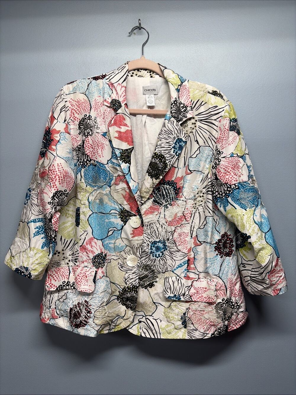 Chicos Blazer/Jacket Size 2 - Colorful Floral 100% Silk Button Up Artsy Cocktail